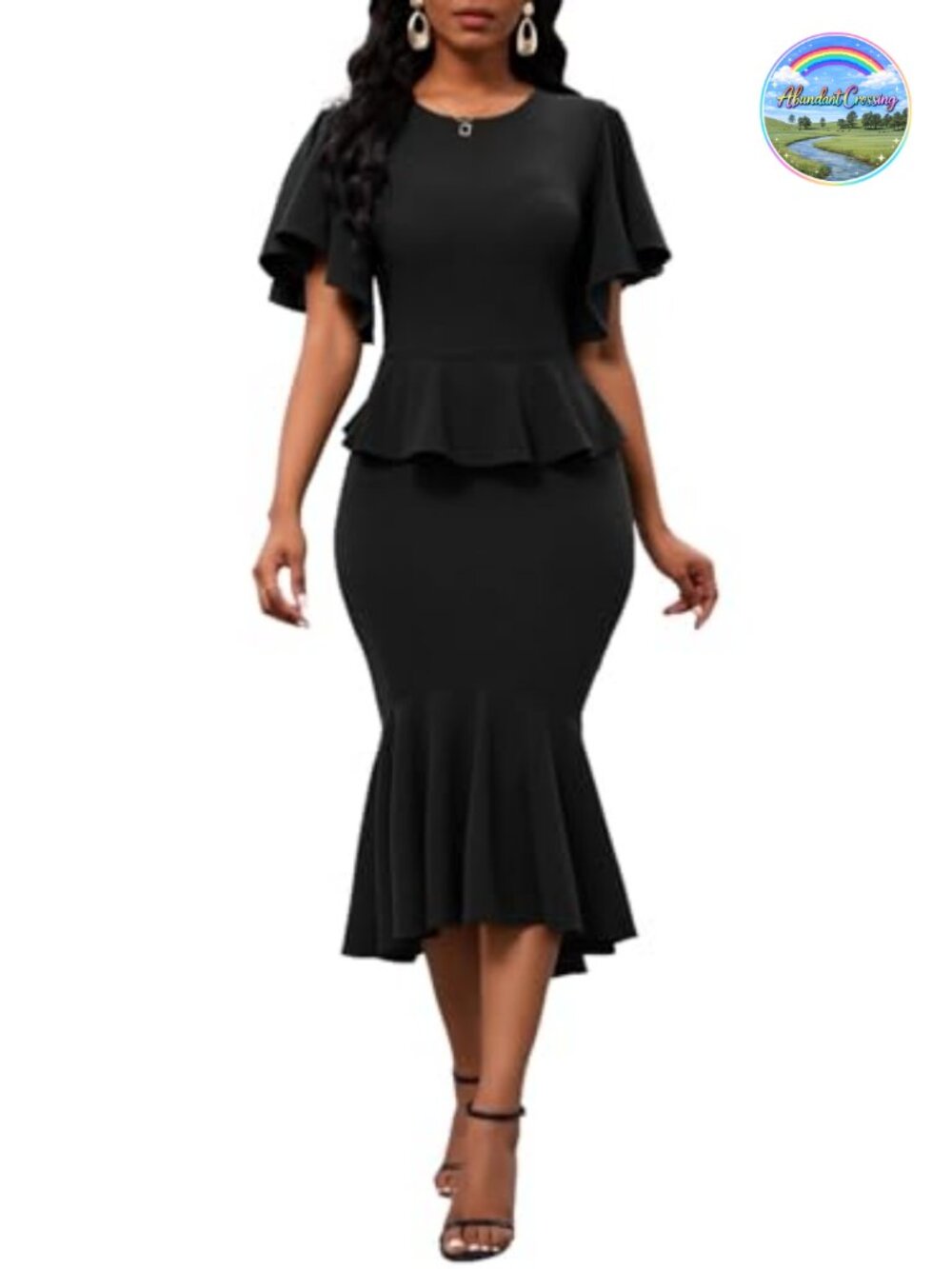 Womens Ruffle Short Sleeve Fishtail Peplum Midi Mermaid Cocktail Dress